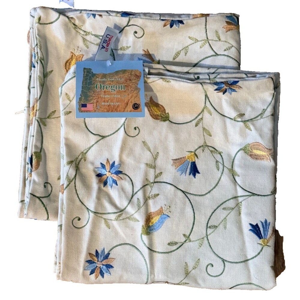 Newport Embroidered Set of 2 Throw Pillow Covers Flowers Ivory 22x22 Made in USA